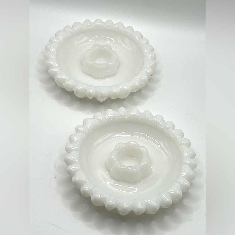 Set of 2 VTG Hazel Atlas White Milk Glass Candlestick Holders Trinket Coin Dish